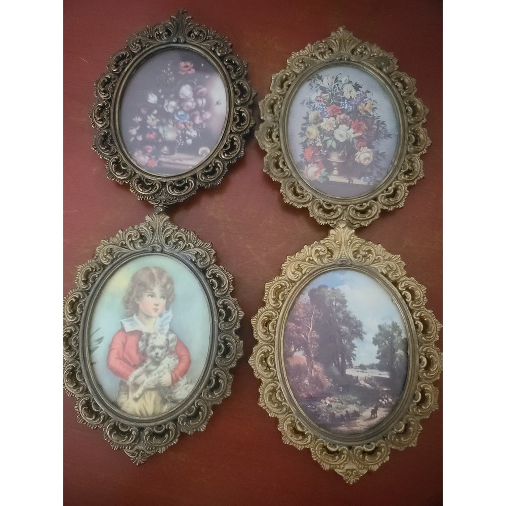 Vintage Brass Italy Victorian Oval Picture Frame Set 4 Floral Landscape Portrait